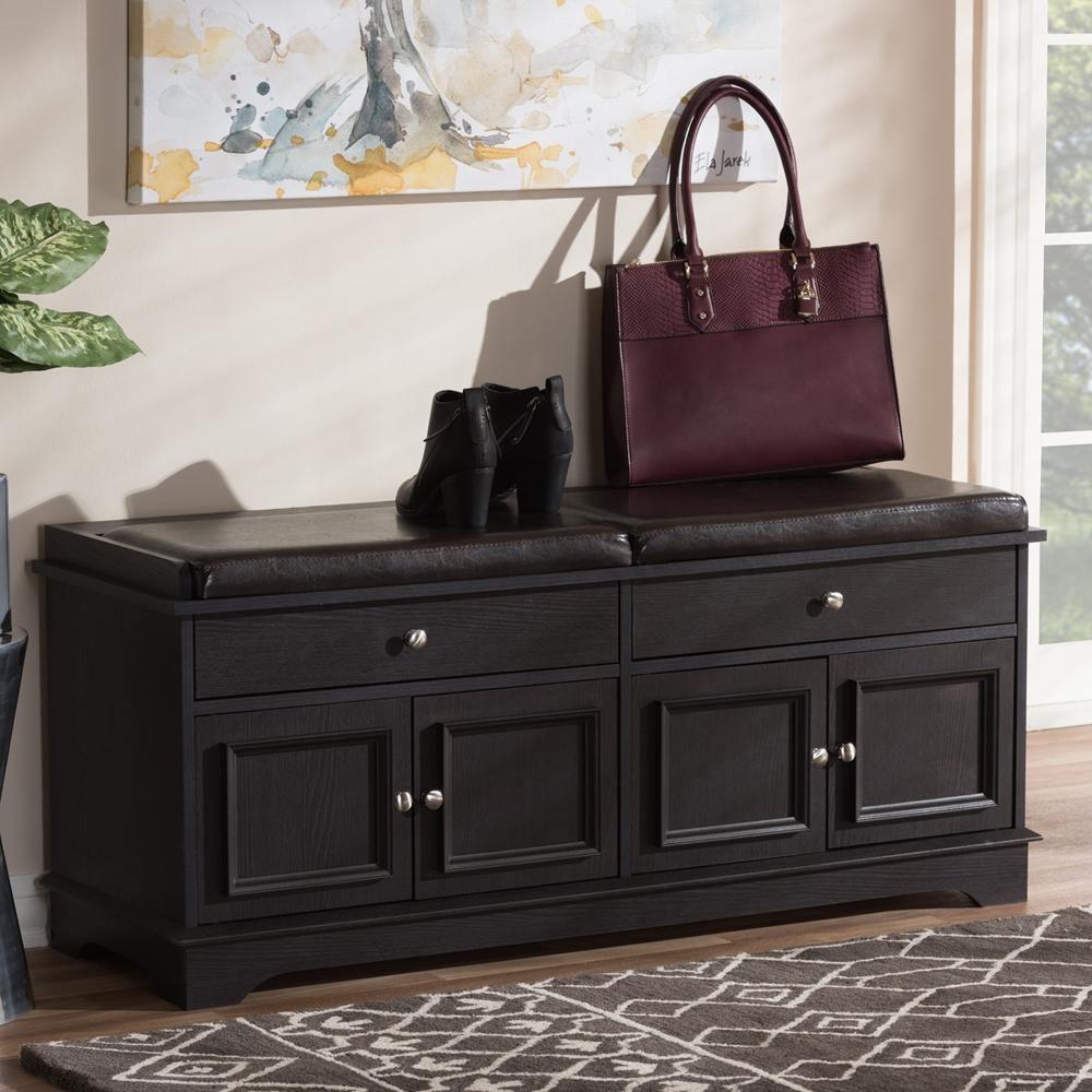 Mason Modern and Contemporary Dark Brown Wood 2-Drawer Shoe Storage Bench FredCo