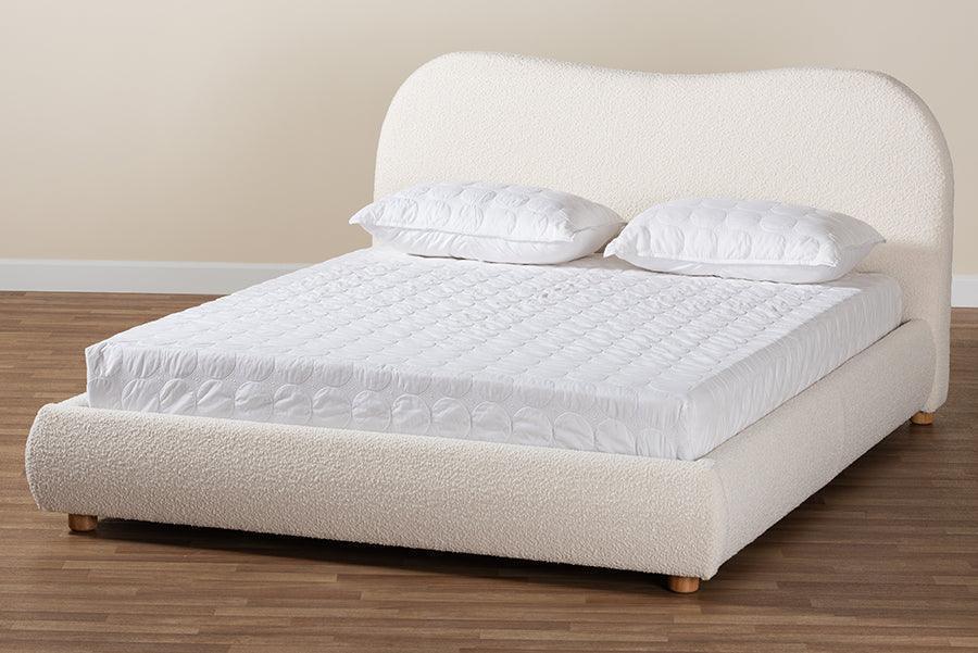 Maya Mid-Century Modern Cream Boucle Fabric and Oak Brown Finished Wood Queen Size Platform Bed FredCo