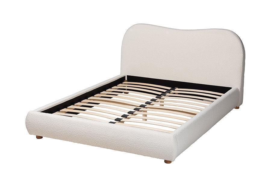 Maya Mid-Century Modern Cream Boucle Fabric and Oak Brown Finished Wood Queen Size Platform Bed FredCo