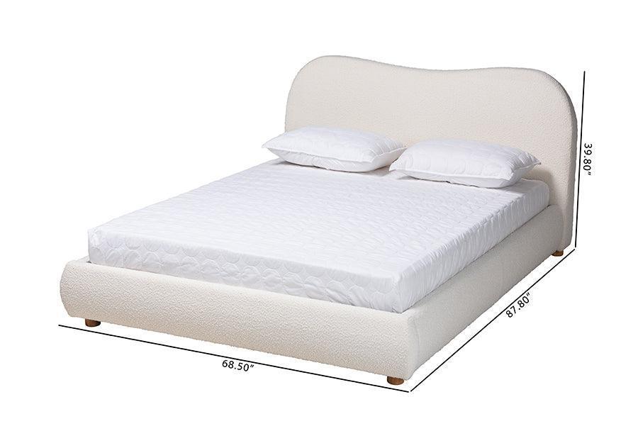 Maya Mid-Century Modern Cream Boucle Fabric and Oak Brown Finished Wood Queen Size Platform Bed FredCo