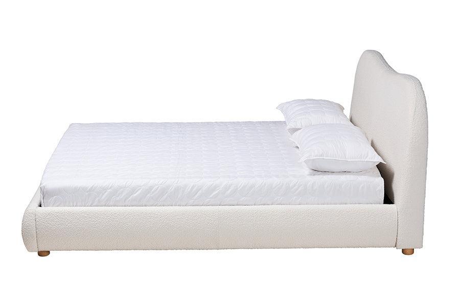 Maya Mid-Century Modern Cream Boucle Fabric and Oak Brown Finished Wood Queen Size Platform Bed FredCo