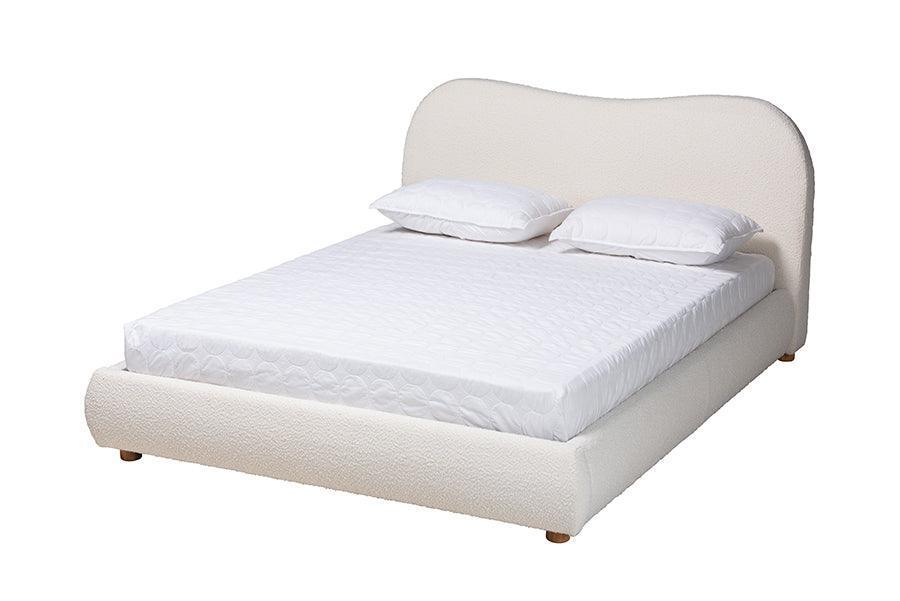 Maya Mid-Century Modern Cream Boucle Fabric and Oak Brown Finished Wood Queen Size Platform Bed FredCo