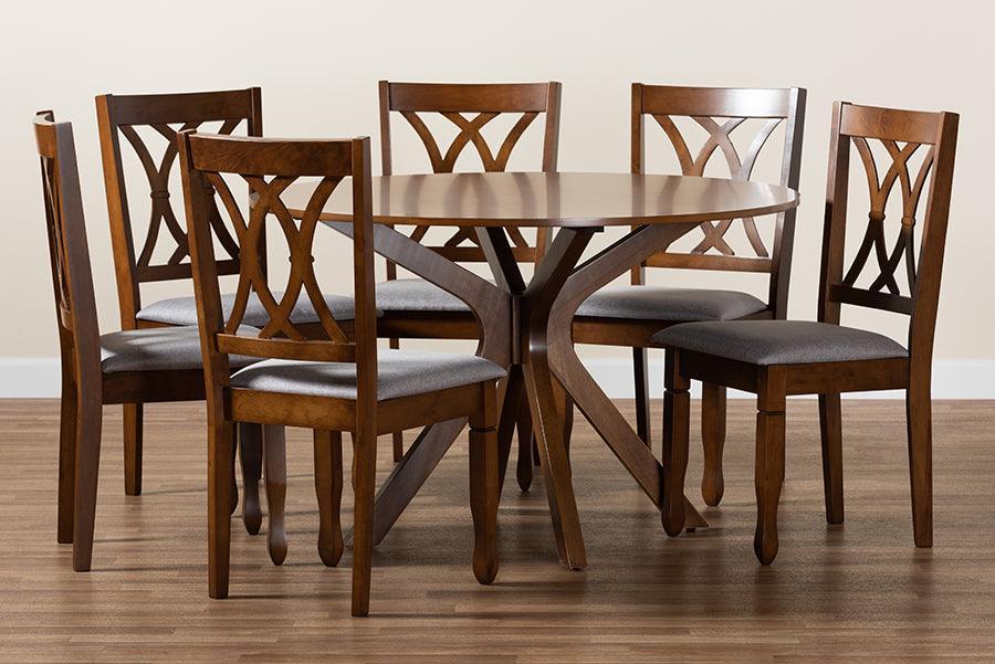 Maya Modern Grey Fabric and Walnut Brown Finished Wood 7-Piece Dining Set FredCo