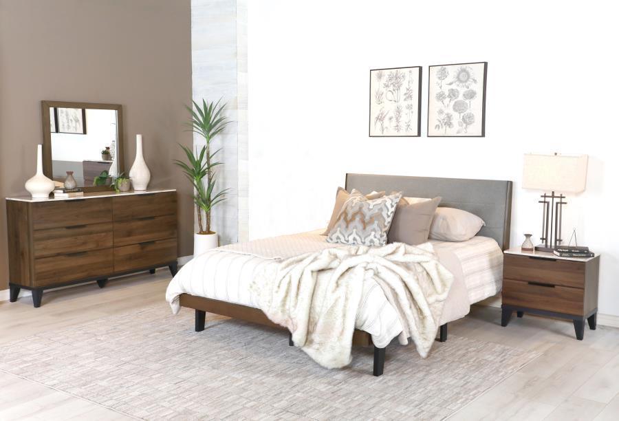 Mays 4-piece Upholstered Eastern King Bedroom Set Walnut Brown and Grey Coaster FredCo