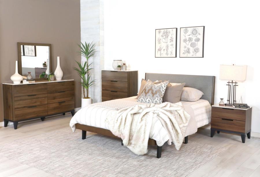 Mays 5-piece Upholstered Eastern King Bedroom Set Walnut Brown and Grey Coaster FredCo