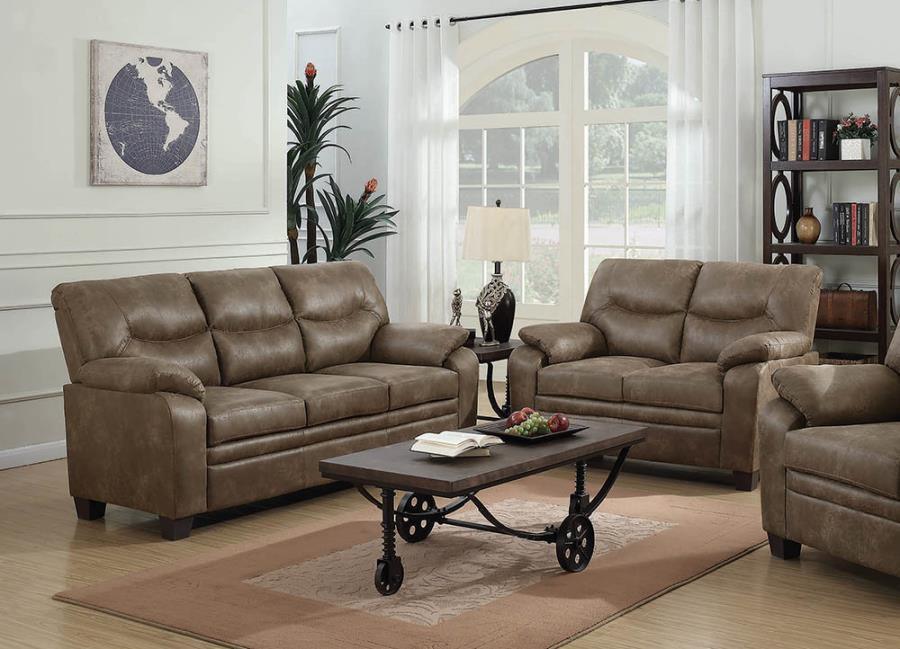 Meagan Upholstered Pillow Top Arm Living Room Set Brown 506561-S2 Coaster FredCo
