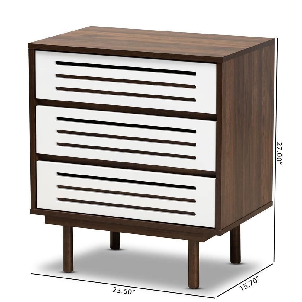 Meike Mid-Century Modern Two-Tone Walnut Brown and White Finished Wood 3-Drawer Nightstand FredCo
