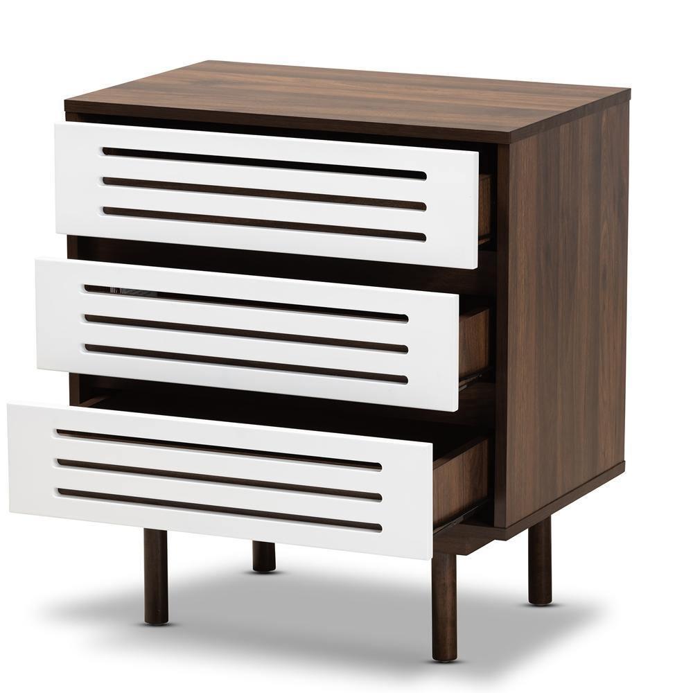 Meike Mid-Century Modern Two-Tone Walnut Brown and White Finished Wood 3-Drawer Nightstand FredCo