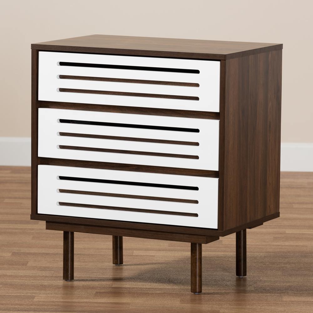 Meike Mid-Century Modern Two-Tone Walnut Brown and White Finished Wood 3-Drawer Nightstand FredCo