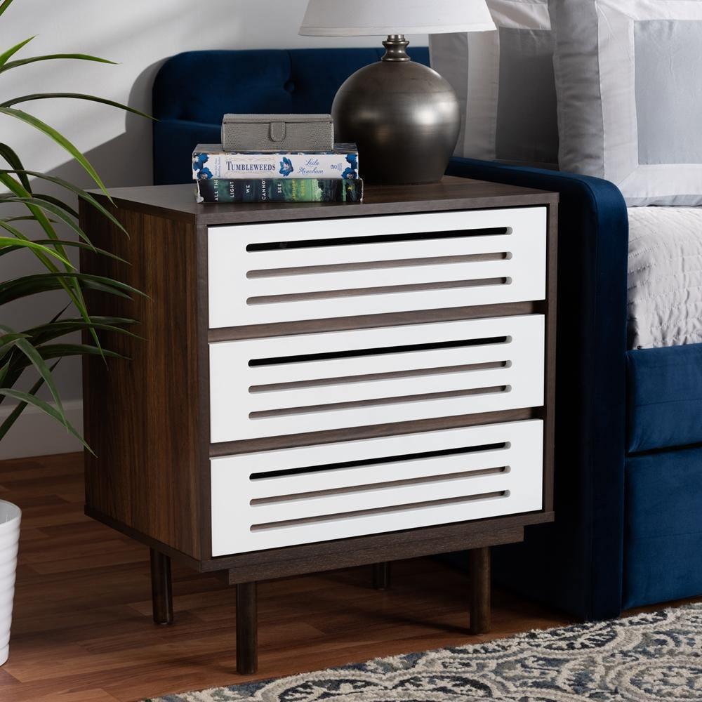 Meike Mid-Century Modern Two-Tone Walnut Brown and White Finished Wood 3-Drawer Nightstand FredCo