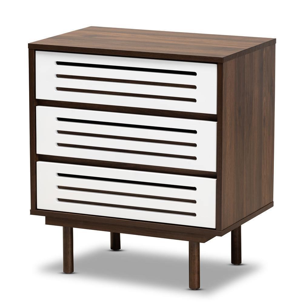 Meike Mid-Century Modern Two-Tone Walnut Brown and White Finished Wood 3-Drawer Nightstand FredCo