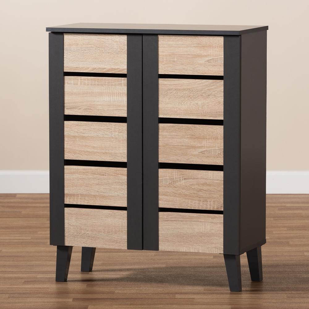 Melle Modern and Contemporary Two-Tone Oak Brown and Dark Gray 2-Door Wood Entryway Shoe Storage Cabinet FredCo