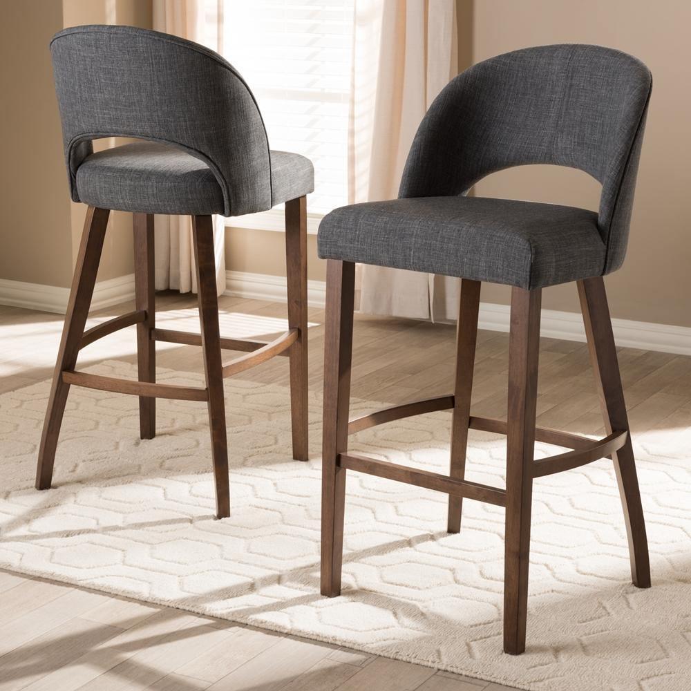 Melrose Mid-Century Modern Dark Grey Fabric Upholstered Walnut Finished Wood Bar Stool (Set of 2) FredCo