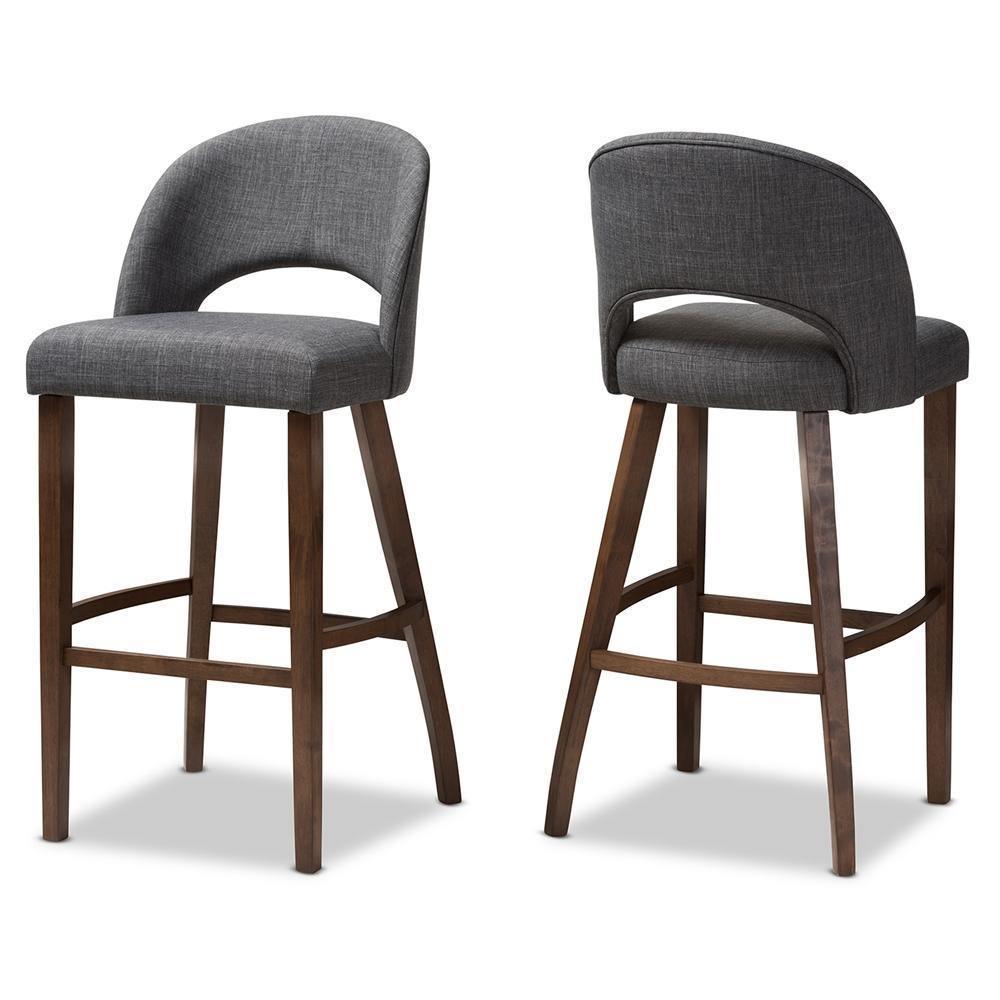Melrose Mid-Century Modern Dark Grey Fabric Upholstered Walnut Finished Wood Bar Stool (Set of 2) FredCo