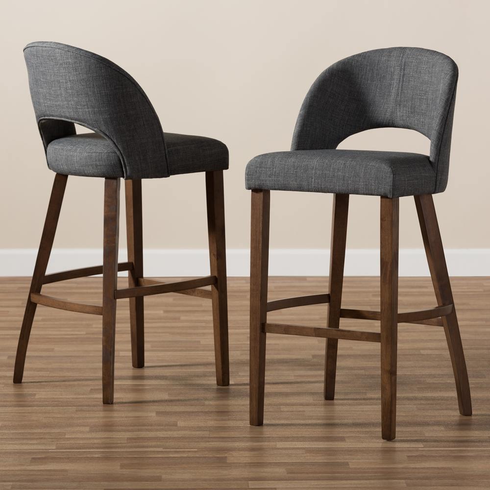 Melrose Mid-Century Modern Dark Grey Fabric Upholstered Walnut Finished Wood Bar Stool (Set of 2) FredCo