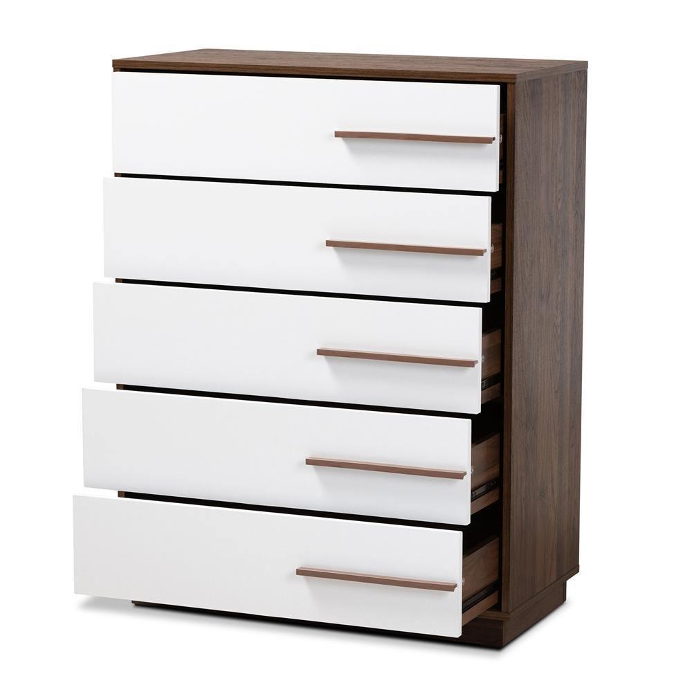 Mette Mid-Century Modern Two-Tone White and Walnut Finished 5-Drawer Wood Chest FredCo