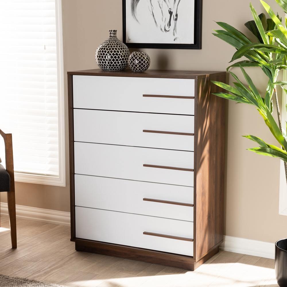 Mette Mid-Century Modern Two-Tone White and Walnut Finished 5-Drawer Wood Chest FredCo