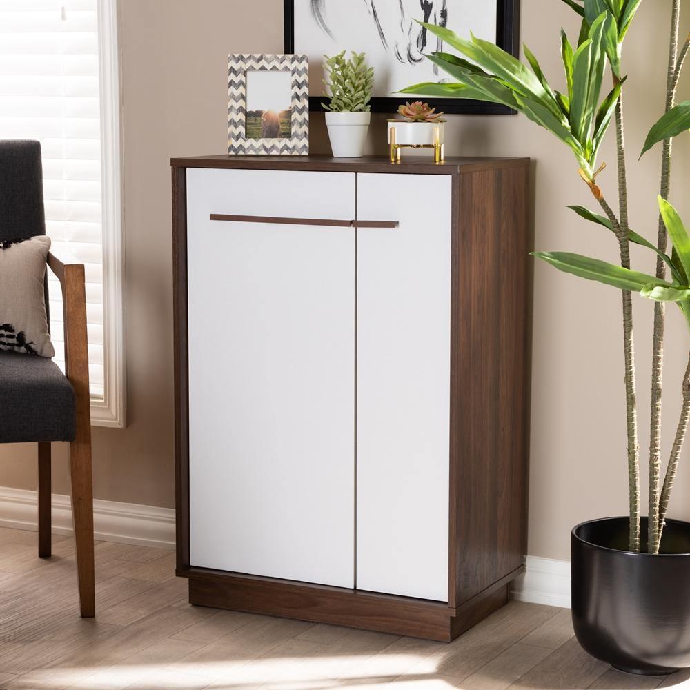 Mette Mid-Century Modern Two-Tone White and Walnut Finished 5-Shelf Wood Entryway Shoe Cabinet FredCo