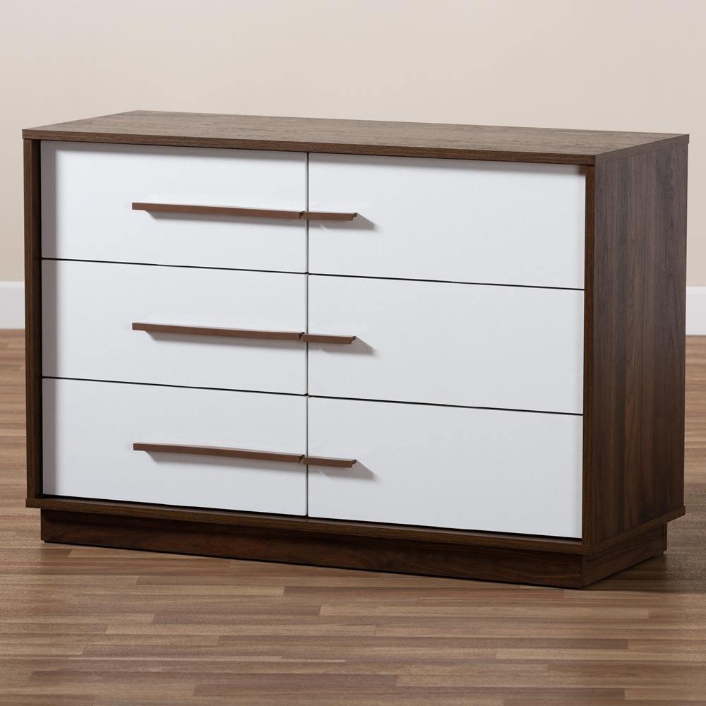 Mette Mid-Century Modern Two-Tone White and Walnut Finished 6-Drawer Wood Dresser FredCo