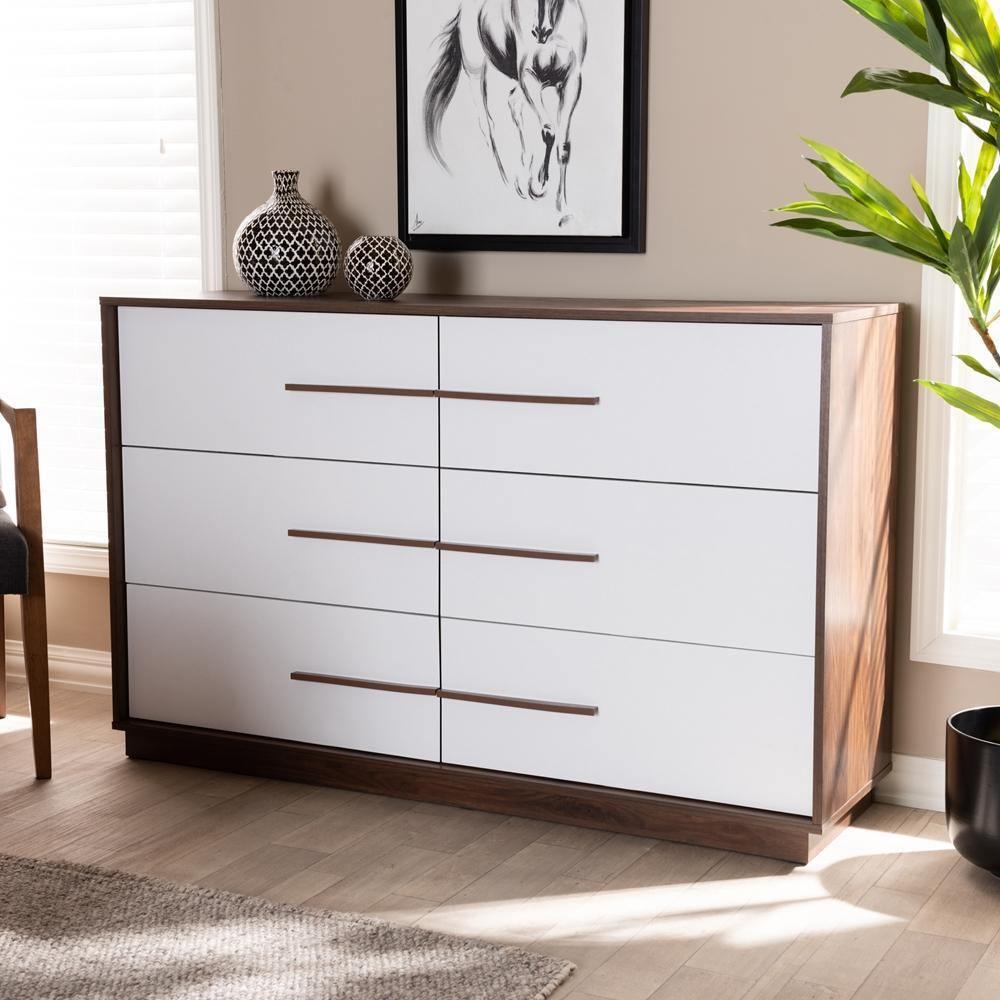 Mette Mid-Century Modern White and Walnut Finished 6-Drawer Wood Dresser FredCo