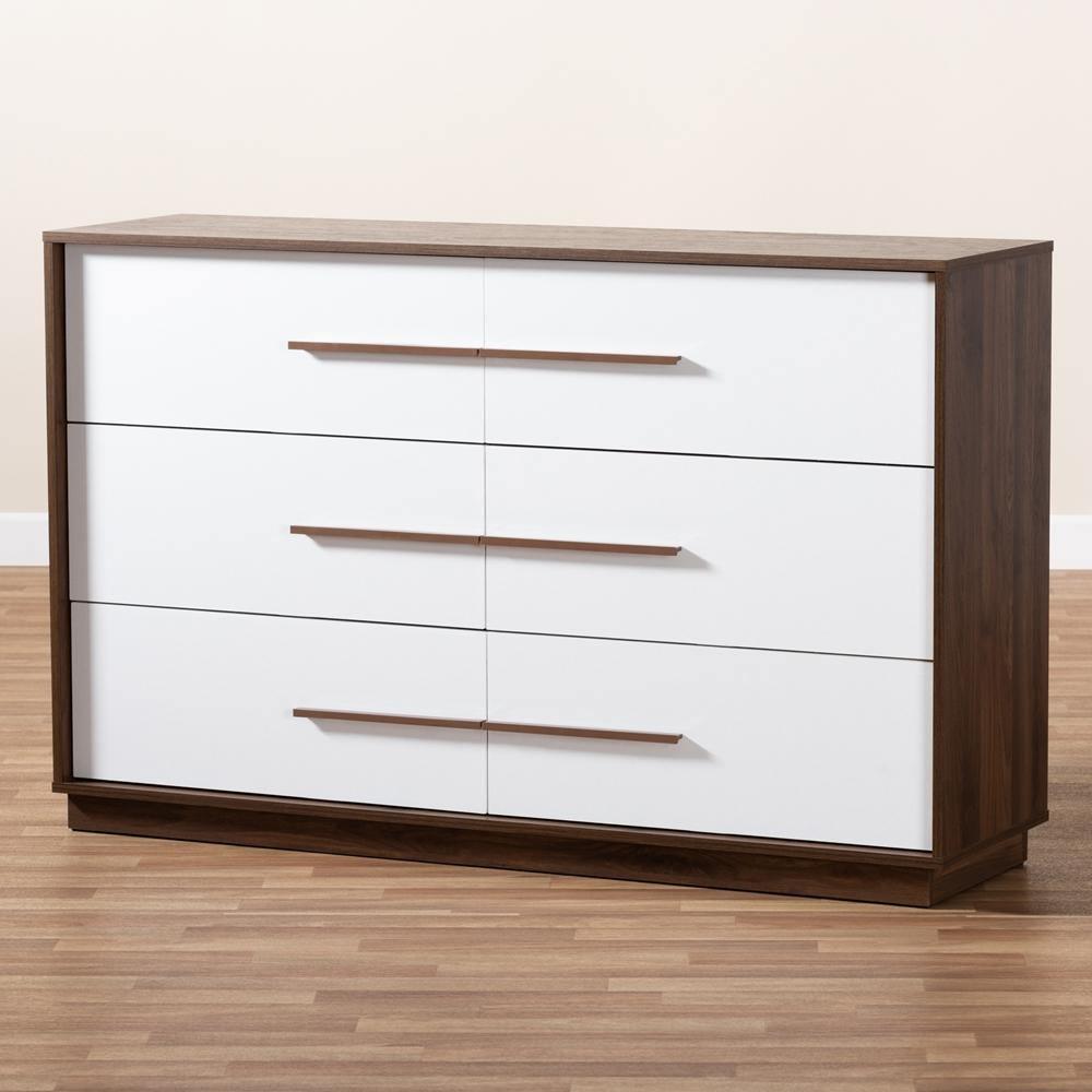 Mette Mid-Century Modern White and Walnut Finished 6-Drawer Wood Dresser FredCo