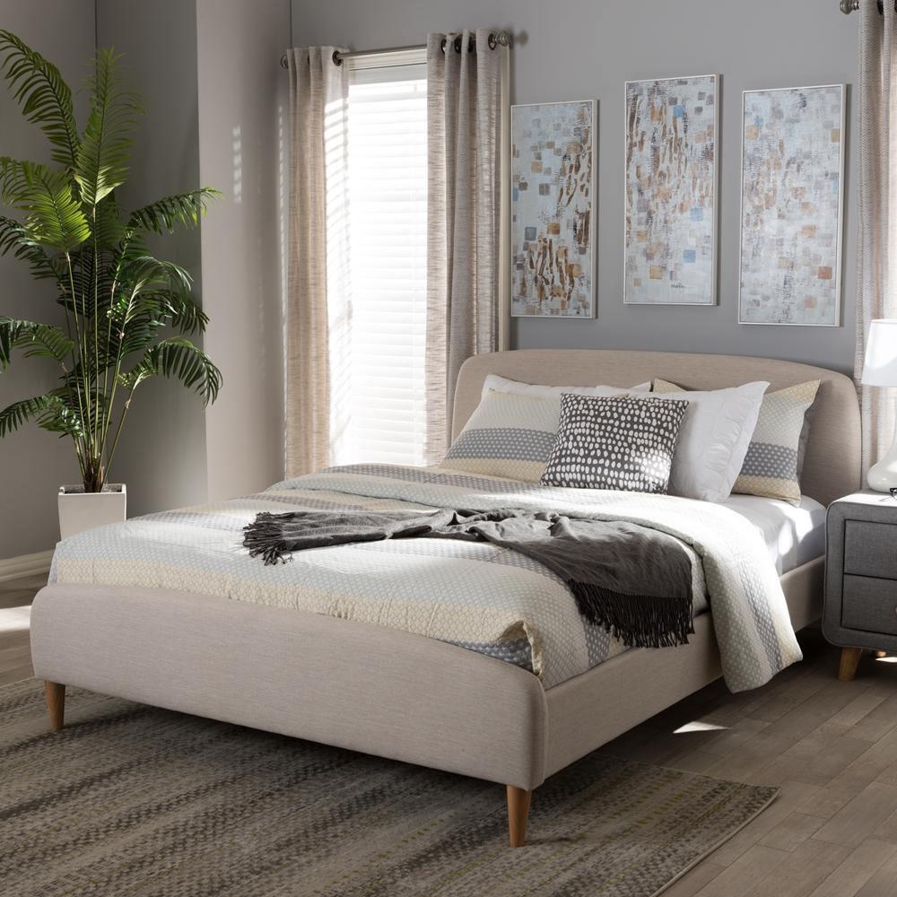 Mia Mid-Century Light Beige Fabric Upholstered King Size Platform Bed FredCo