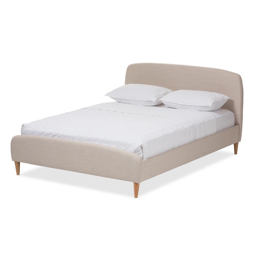 Mia Mid-Century Light Beige Fabric Upholstered Queen Size Platform Bed FredCo