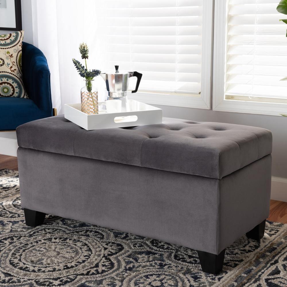 Michaela Modern and Contemporary Grey Velvet Fabric Upholstered Storage Ottoman FredCo
