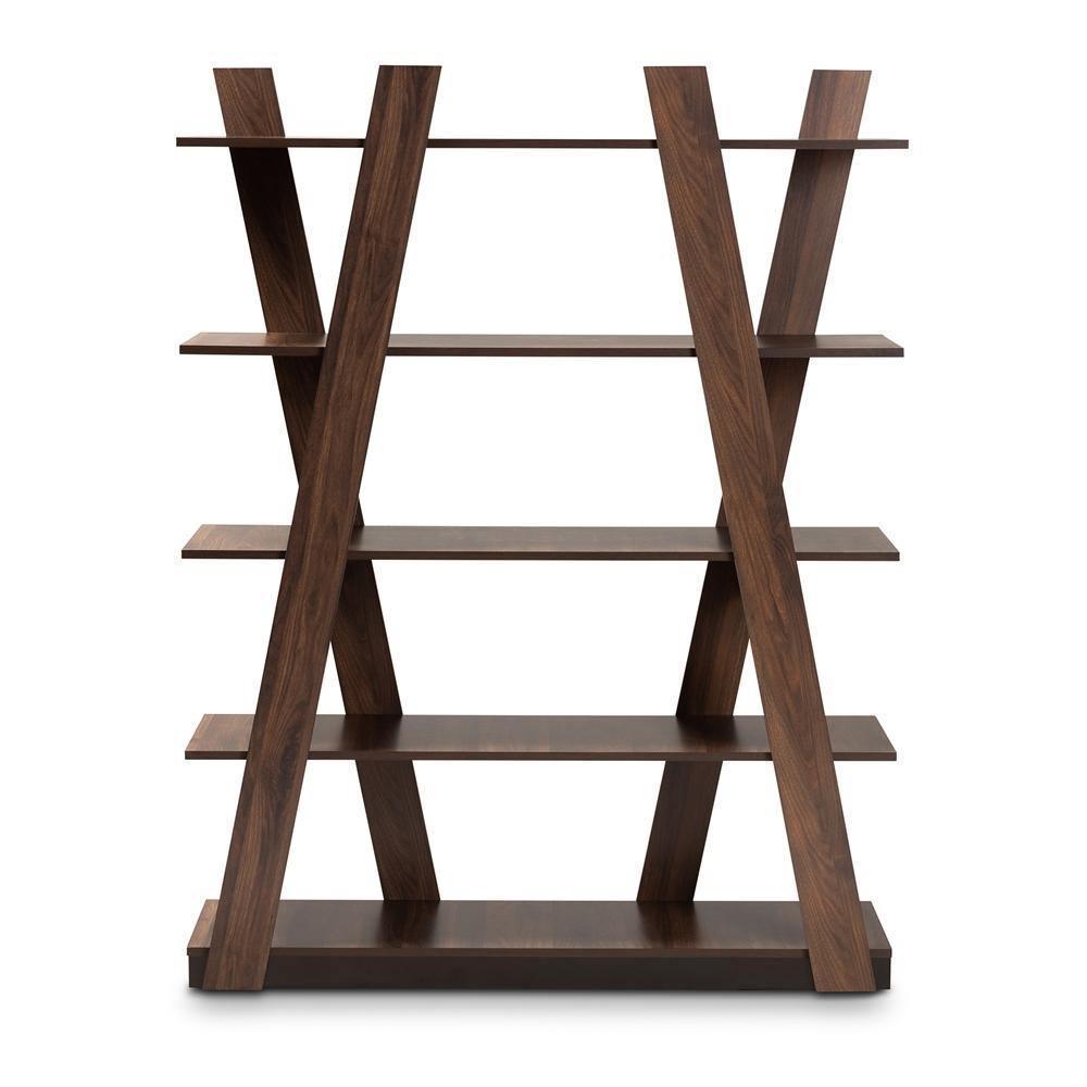 Michio Modern and Contemporary Walnut Brown Finished 5-Tier Wood Geometric Living Room Display Shelf FredCo