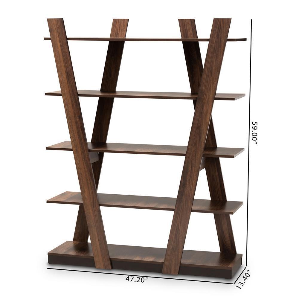 Michio Modern and Contemporary Walnut Brown Finished 5-Tier Wood Geometric Living Room Display Shelf FredCo