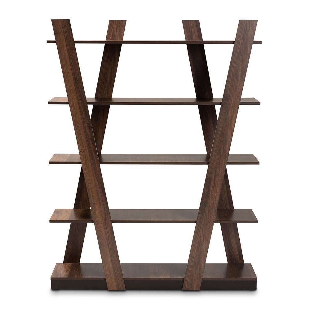 Michio Modern and Contemporary Walnut Brown Finished 5-Tier Wood Geometric Living Room Display Shelf FredCo