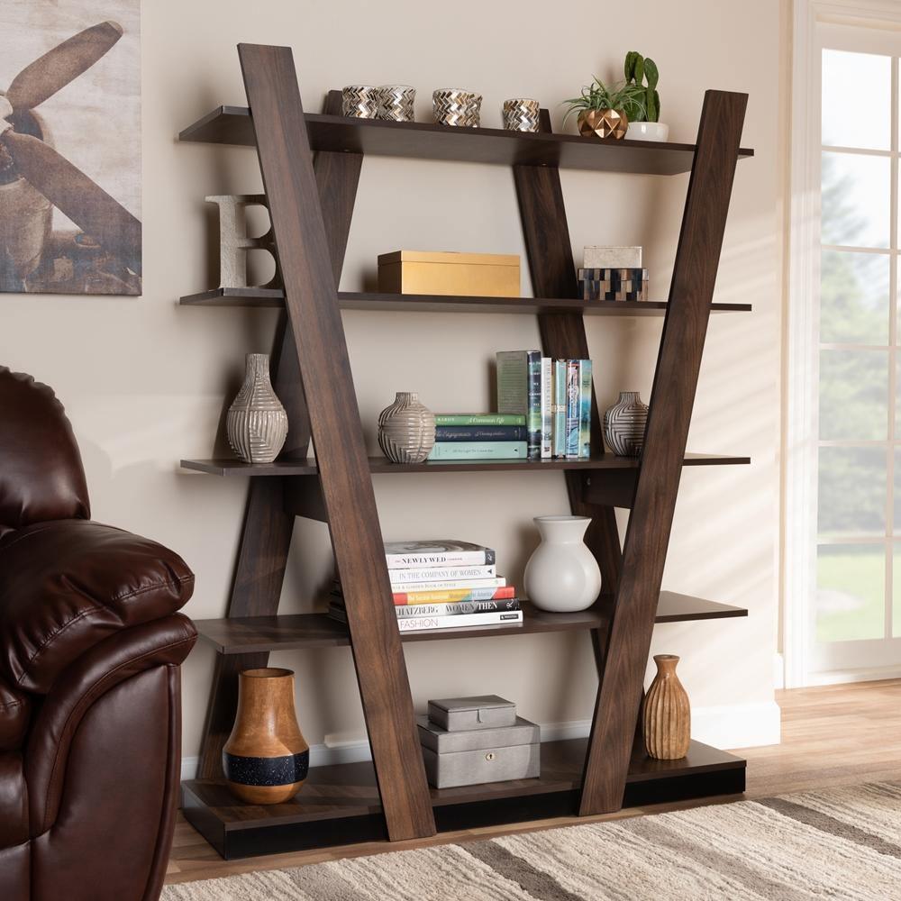 Michio Modern and Contemporary Walnut Brown Finished 5-Tier Wood Geometric Living Room Display Shelf FredCo