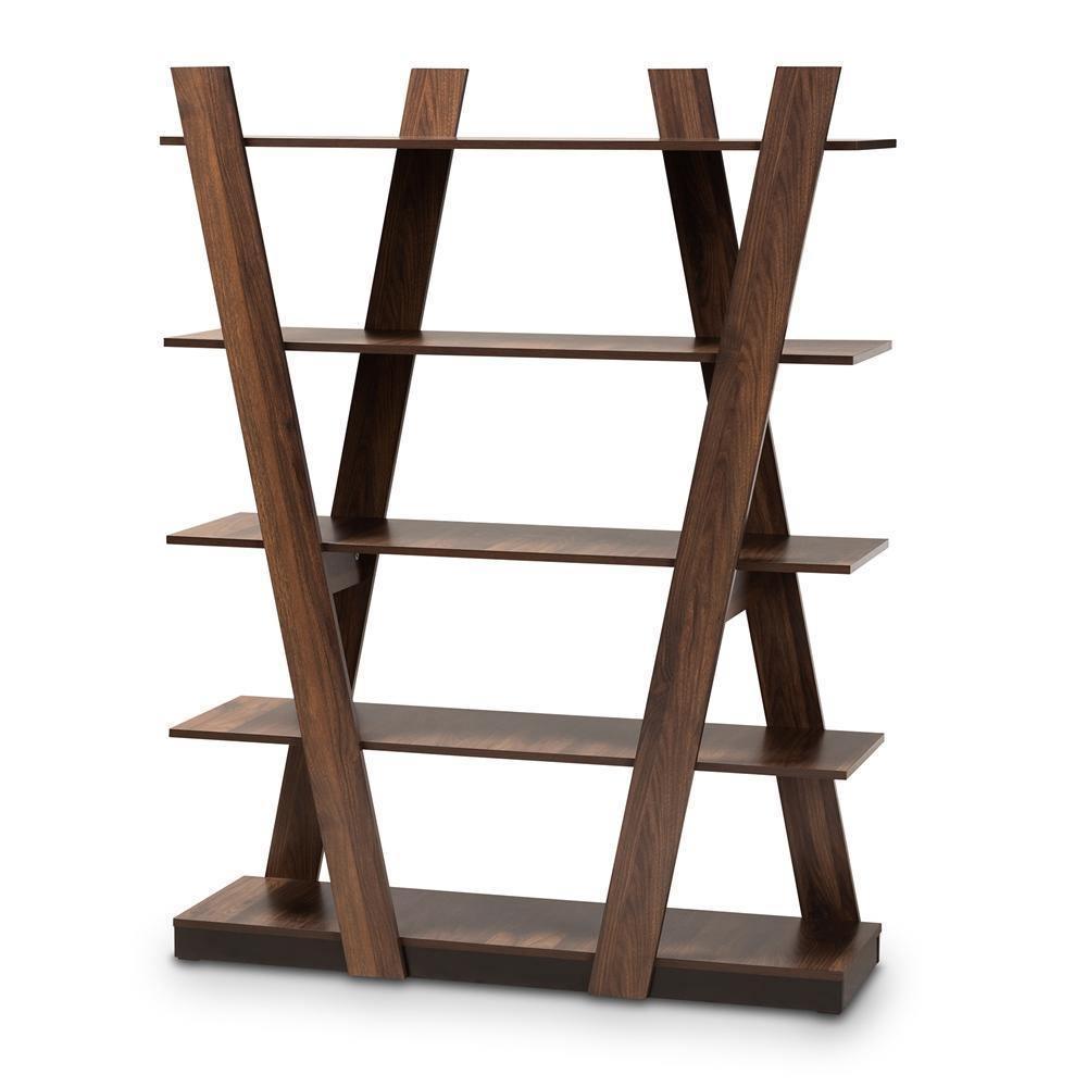 Michio Modern and Contemporary Walnut Brown Finished 5-Tier Wood Geometric Living Room Display Shelf FredCo