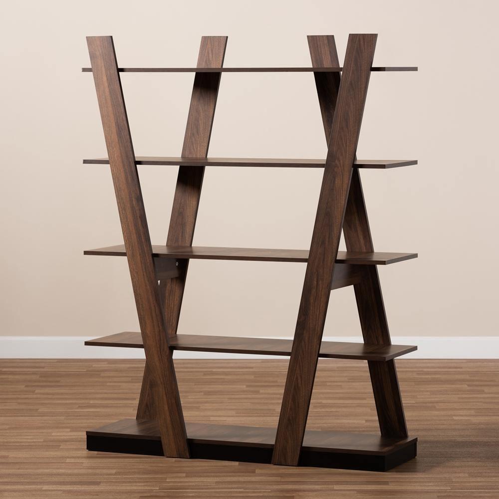 Michio Modern and Contemporary Walnut Brown Finished 5-Tier Wood Geometric Living Room Display Shelf FredCo