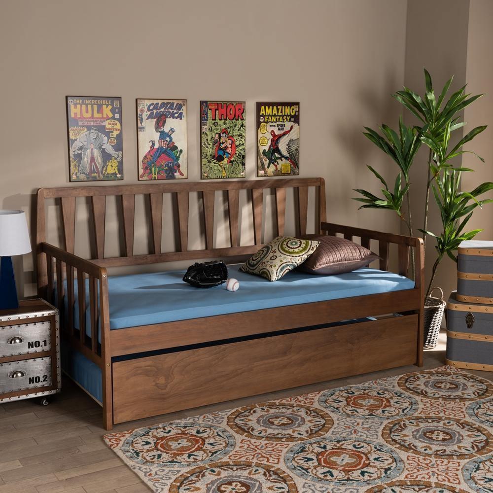Midori Modern and Contemporary Transitional Walnut Brown Finished Wood Twin Size Daybed with Roll-Out Trundle Bed FredCo
