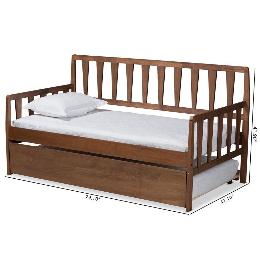 Midori Modern and Contemporary Transitional Walnut Brown Finished Wood Twin Size Daybed with Roll-Out Trundle Bed FredCo