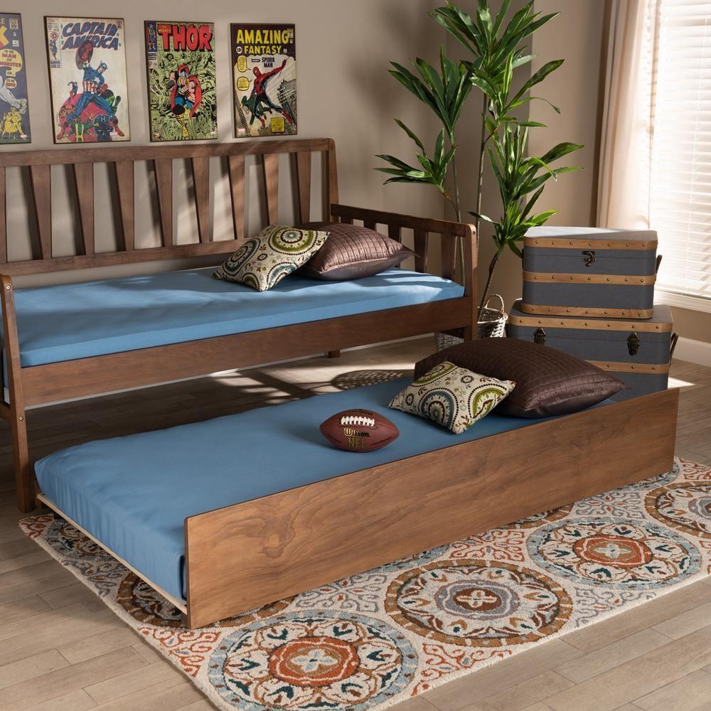 Midori Modern and Contemporary Transitional Walnut Brown Finished Wood Twin Size Trundle Bed FredCo