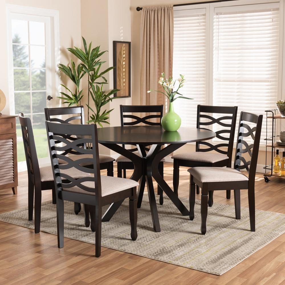 Mila Modern and Contemporary Sand Fabric Upholstered Dark Brown Finished Wood 7-Piece Dining Set FredCo