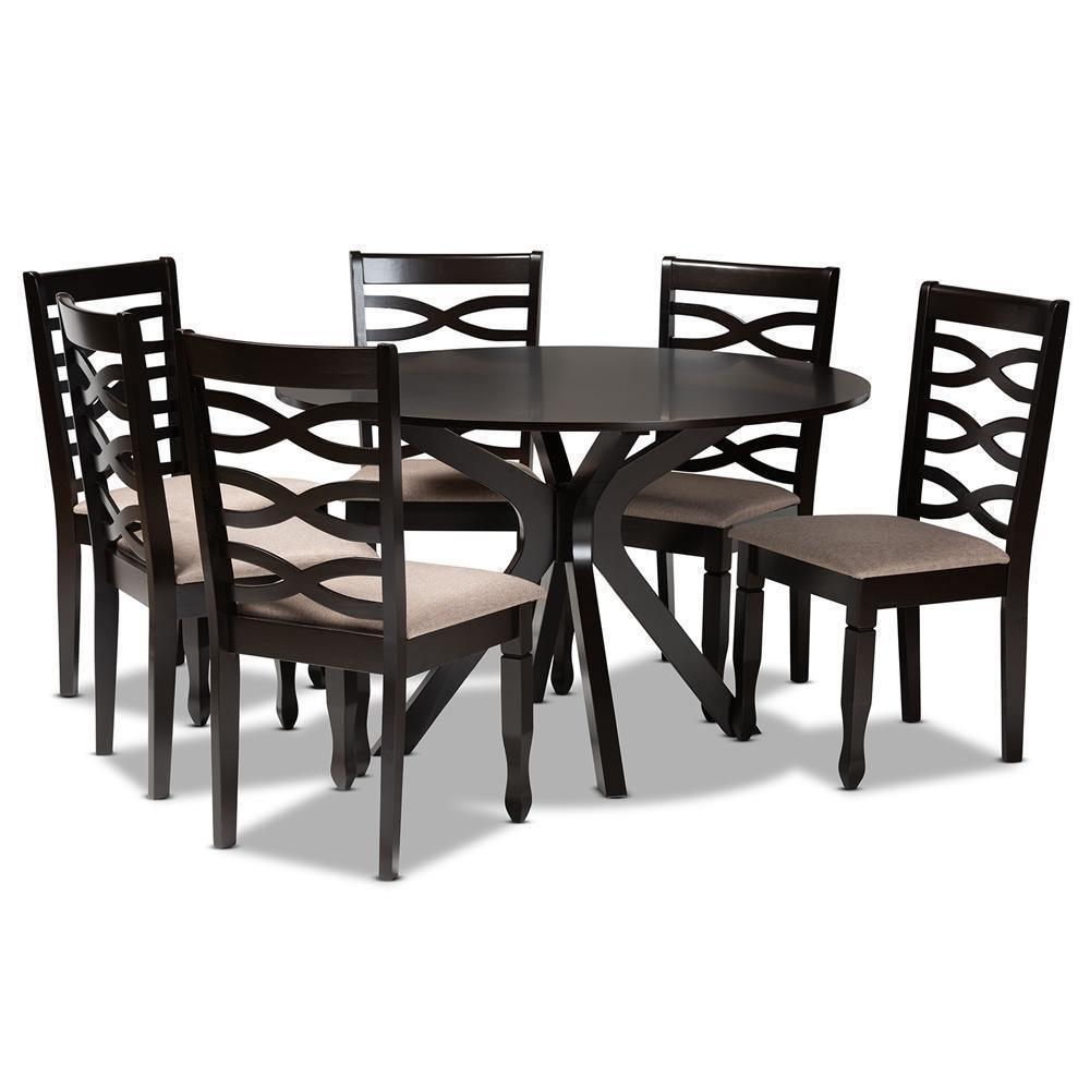 Mila Modern and Contemporary Sand Fabric Upholstered Dark Brown Finished Wood 7-Piece Dining Set FredCo