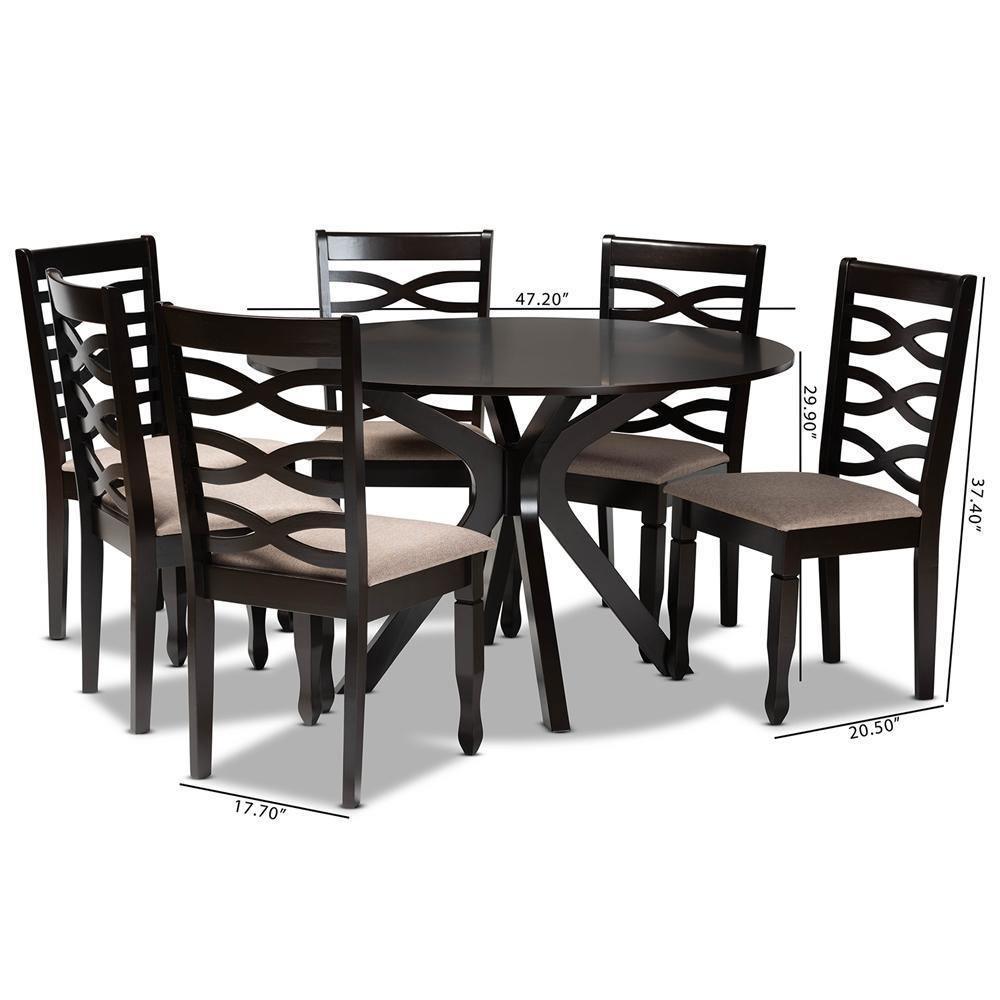 Mila Modern and Contemporary Sand Fabric Upholstered Dark Brown Finished Wood 7-Piece Dining Set FredCo