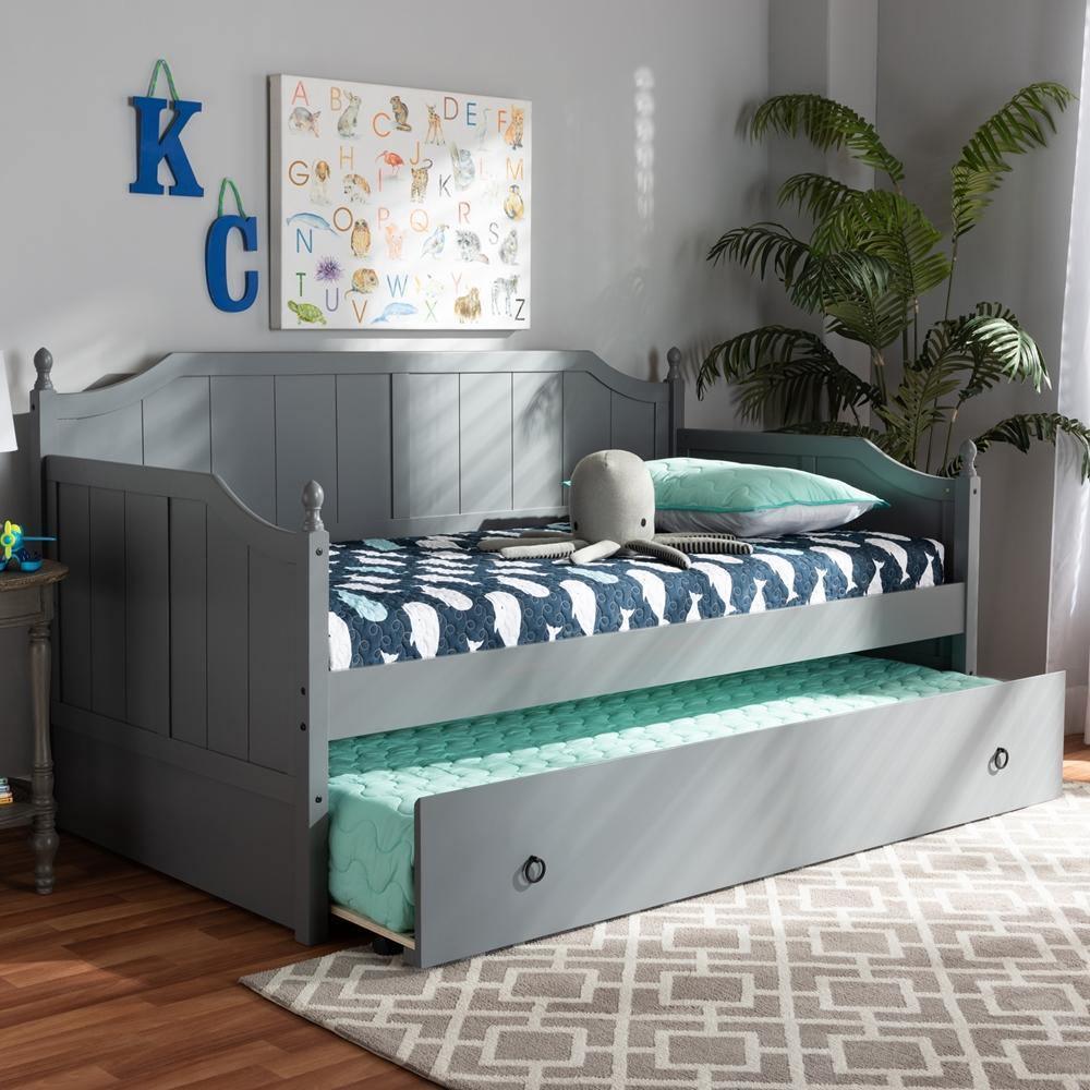 Millie Cottage Farmhouse Grey Finished Wood Twin Size Daybed with Trundle FredCo