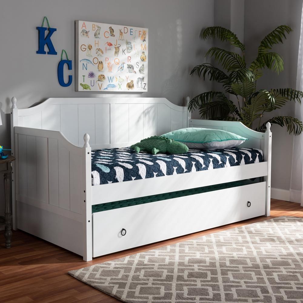Millie Cottage Farmhouse White Finished Wood Twin Size Daybed with Trundle FredCo