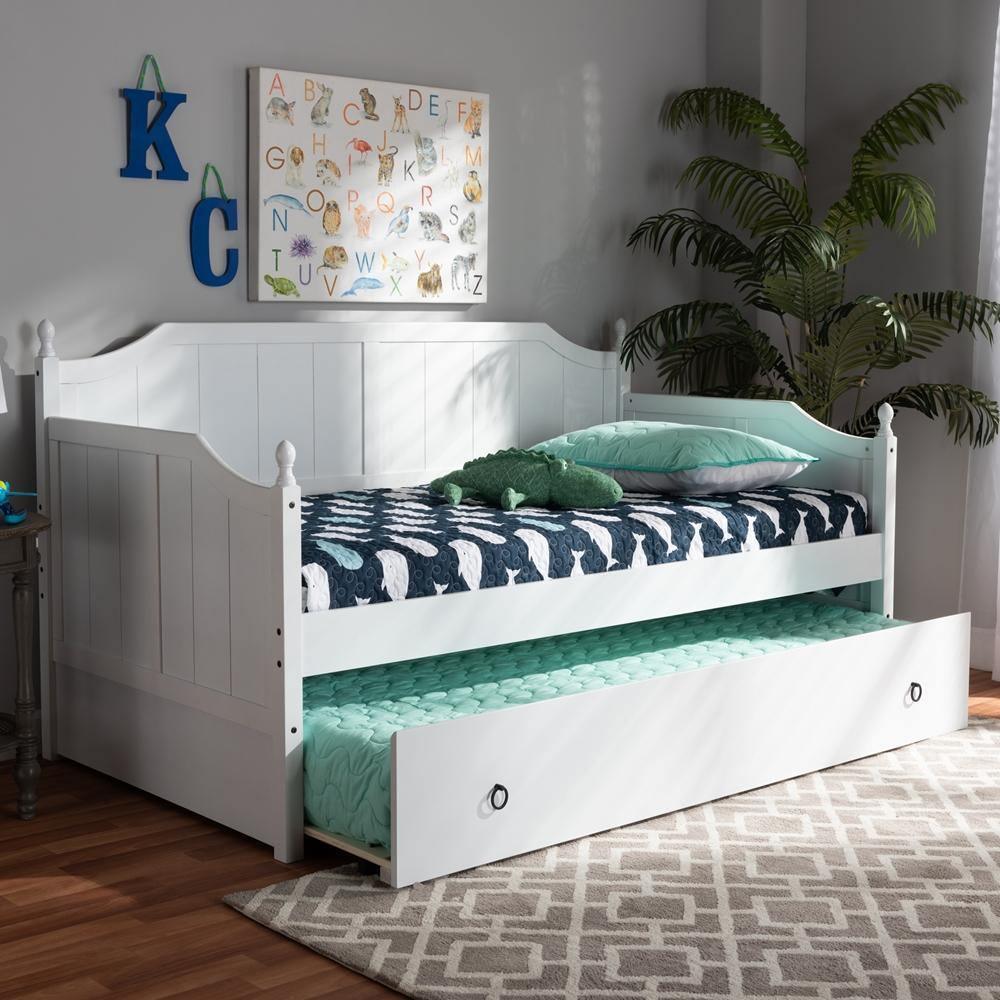 Millie Cottage Farmhouse White Finished Wood Twin Size Daybed with Trundle FredCo