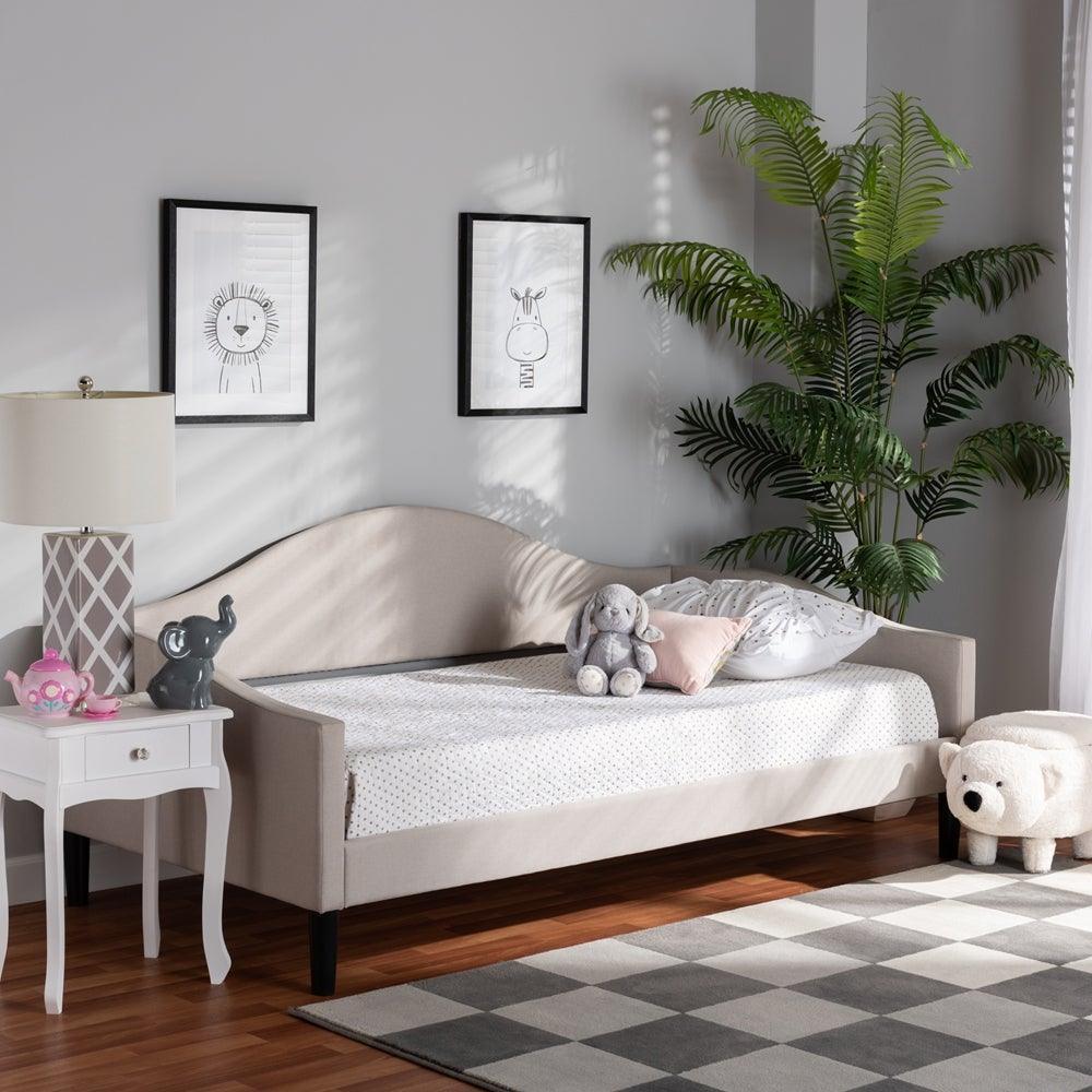 Milligan Modern and Contemporary Beige Fabric Upholstered and Dark Brown Finished Wood Full Size Daybed FredCo