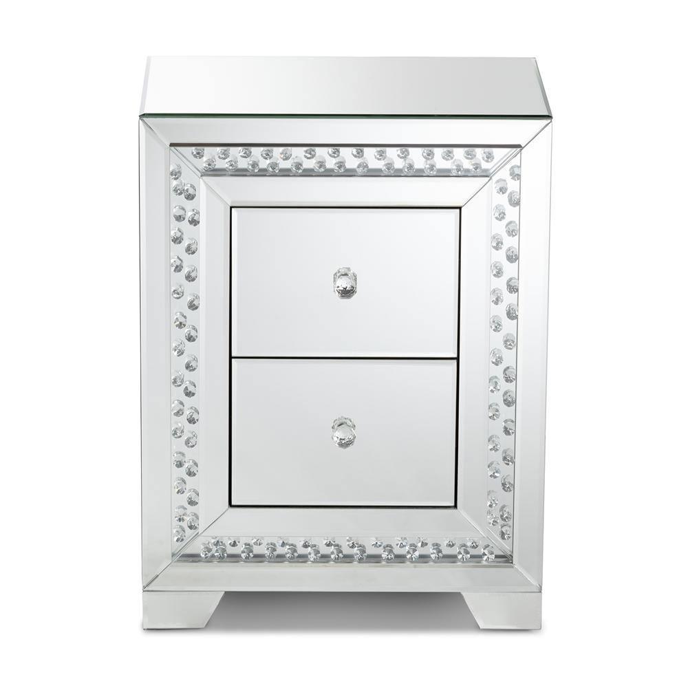 Mina Modern and Contemporary Hollywood Regency Glamour Style Mirrored Two Drawer Nightstand Bedside Table FredCo