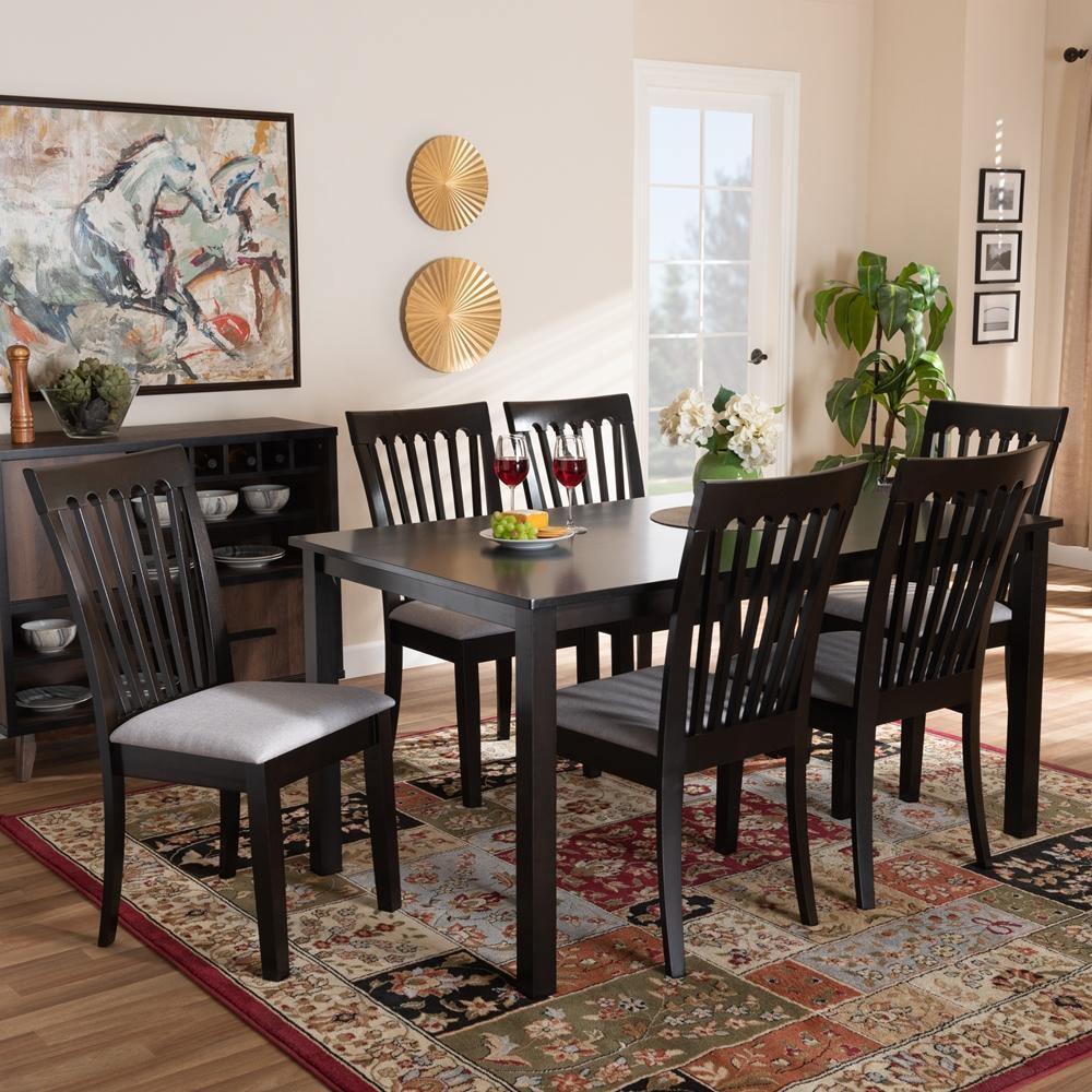 Minette Modern and Contemporary Gray Fabric Upholstered and Espresso Brown Finished Wood 7-Piece Dining Set FredCo