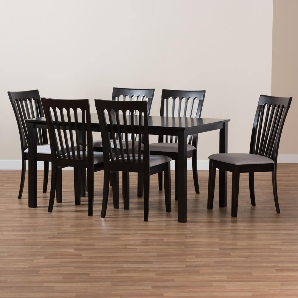 Minette Modern and Contemporary Gray Fabric Upholstered and Espresso Brown Finished Wood 7-Piece Dining Set FredCo