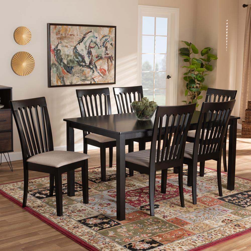 Minette Modern and Contemporary Sand Fabric Upholstered Espresso Brown Finished Wood 7-Piece Dining Set FredCo