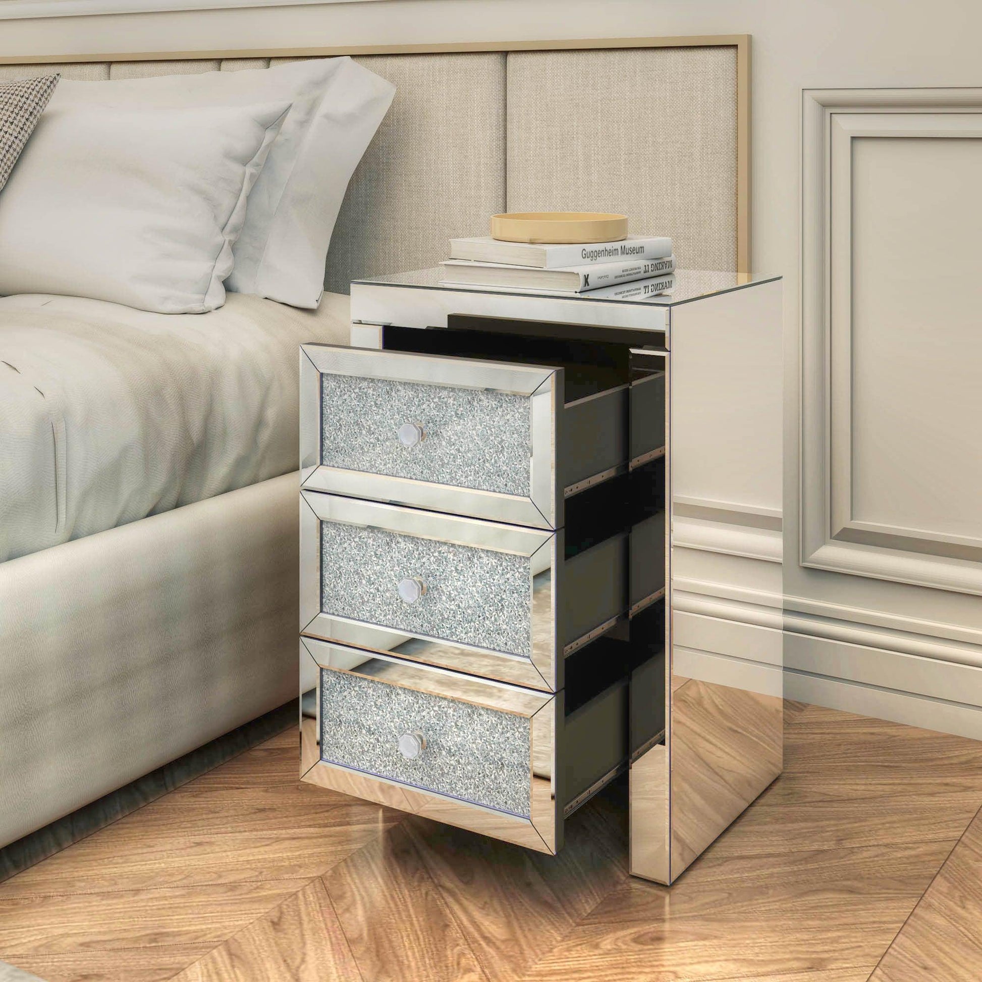 Mirrored Nightstand, Silver Bedside Tables, Mirrored End Table Side Table FredCo