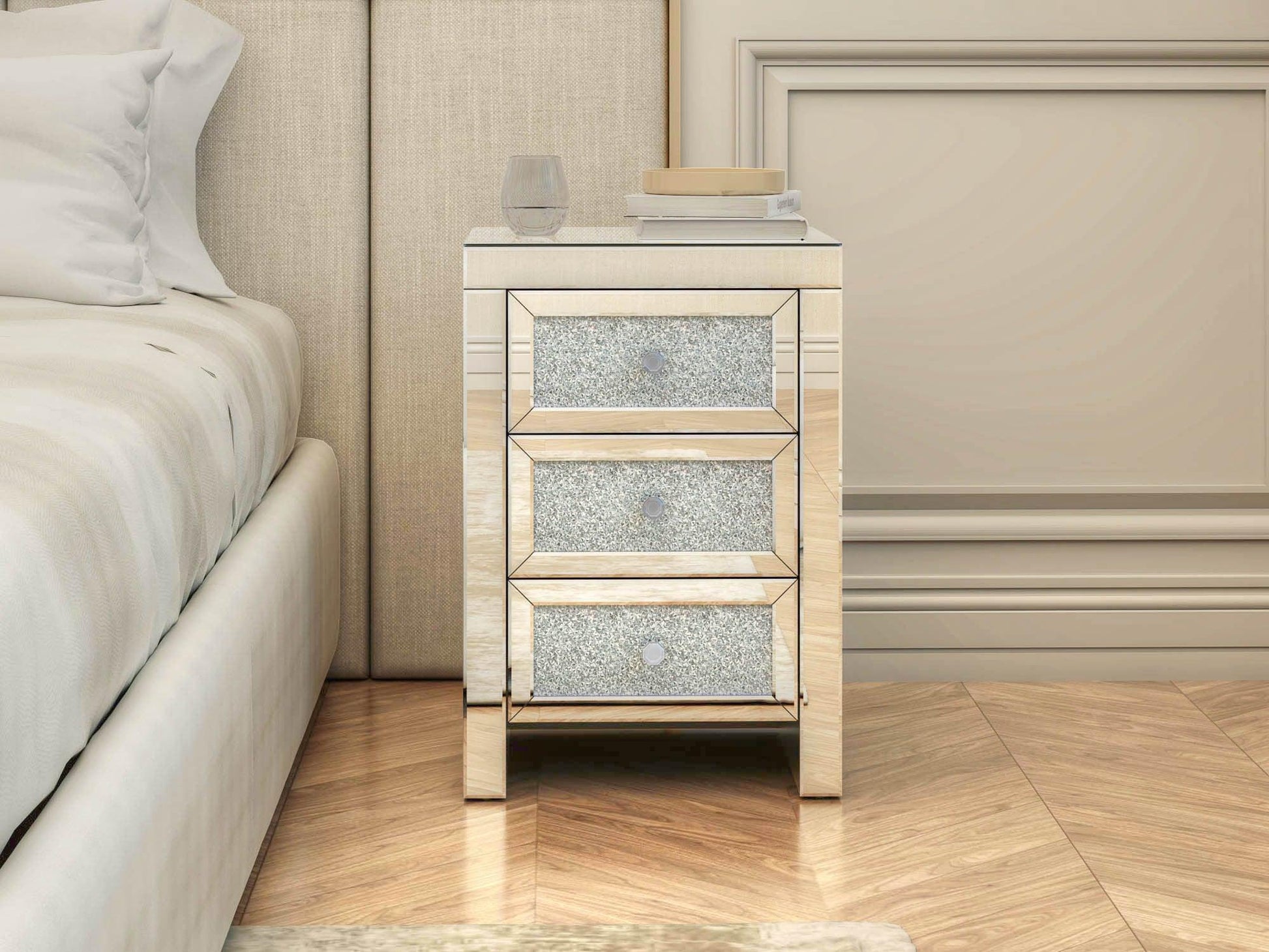 Mirrored Nightstand, Silver Bedside Tables, Mirrored End Table Side Table FredCo